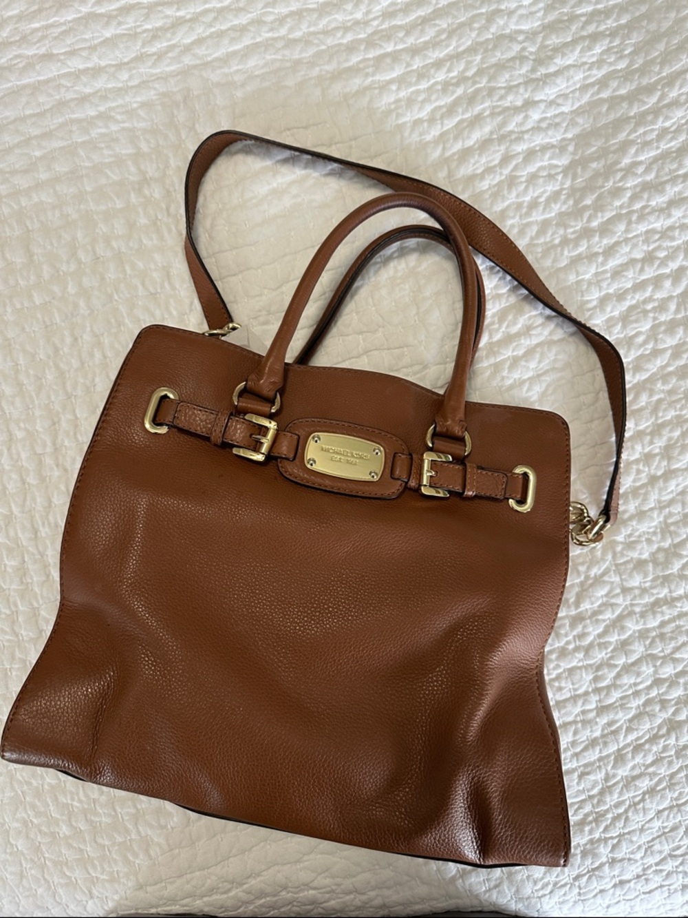 Michael Kors Cognac Pebbled Leather Satchel with Gold Hardware
